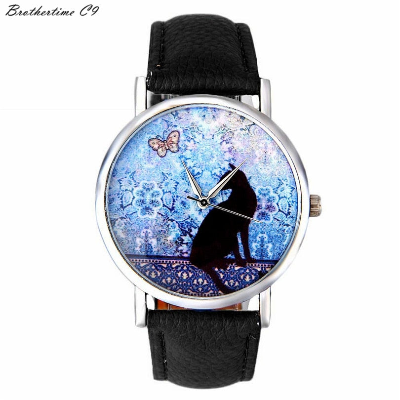 2017 Luxury Fashion Women Watches Q  Cat Pattern Leather Band Analog Quartz Vogue Dress Wrist Watch  relogio feminino